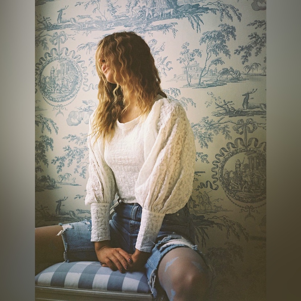 Free People Cream Textured Puff-Sleeve Crop Top